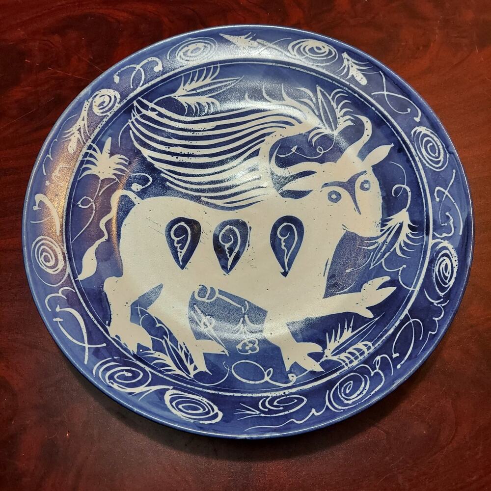 Vintage 1980 Studio Art Pottery 16" Blue Ceramic Plate Signed by Unknown Artist